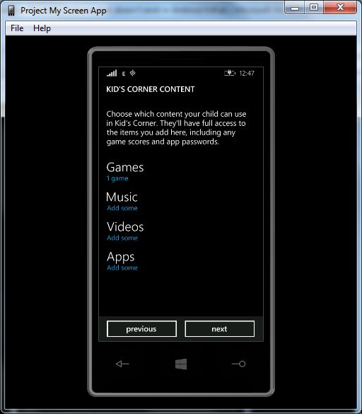 kids corner settings in windows phone